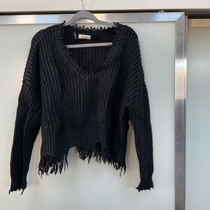 Elan Black V-Neck Sweater with Distressed Hem Size Large Women’s
